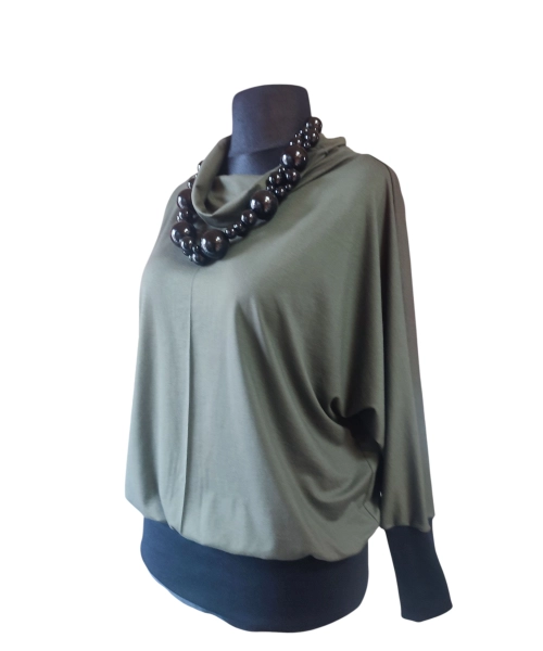 Sportowa bluzka ze ściągaczami i z golfem - khaki i czarny